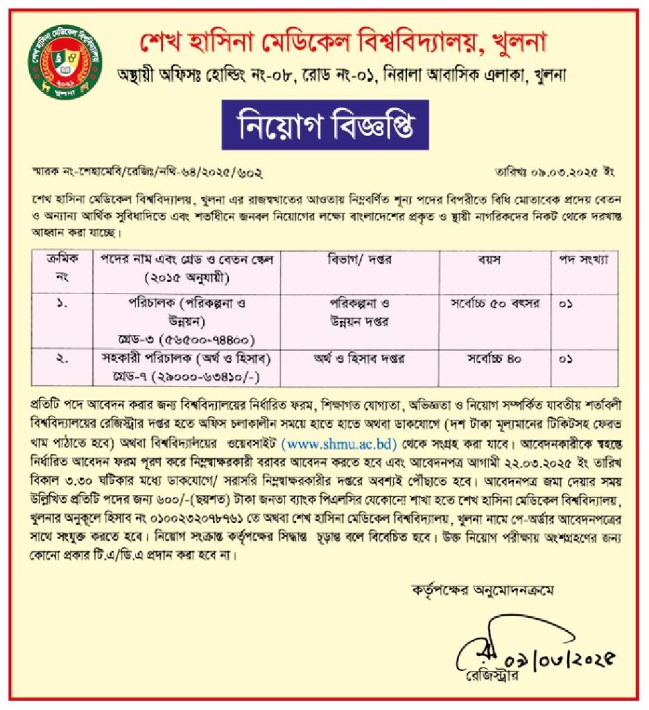 শেখ হাসিনা মেডিকেল বিশ্ববিদ্যালয় নিয়োগ